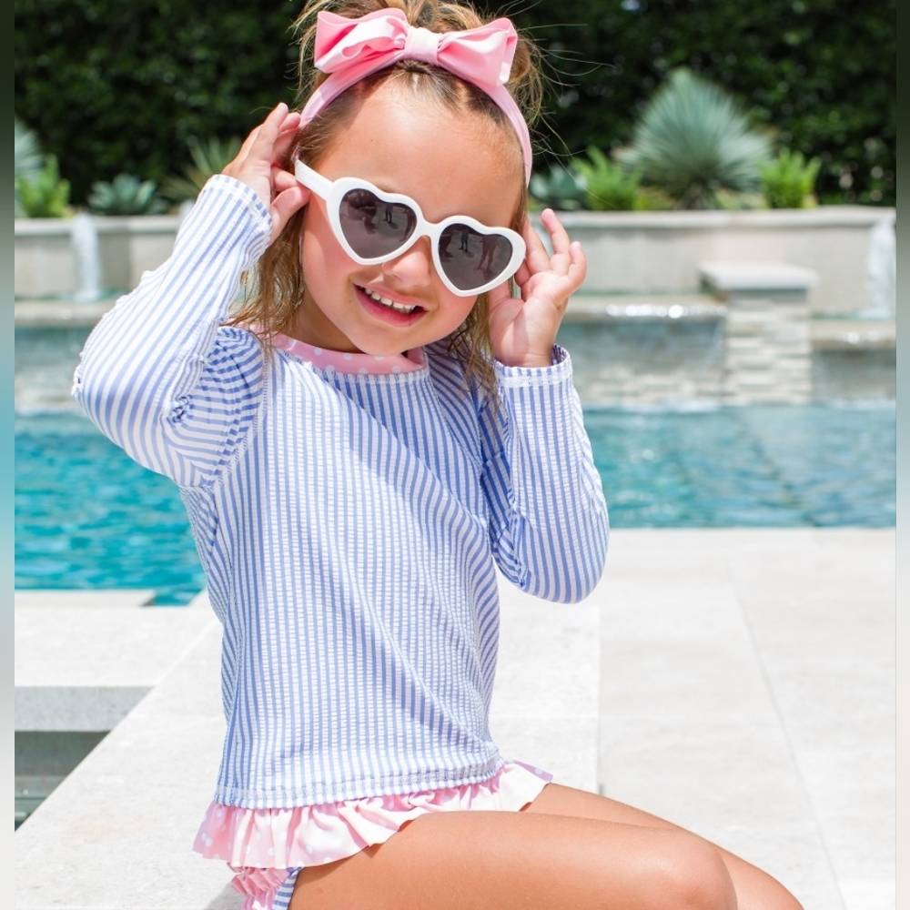 Ruffle Butts Blue And Pink Seersucker Striped Long Sleeve Rash Guard Size 6